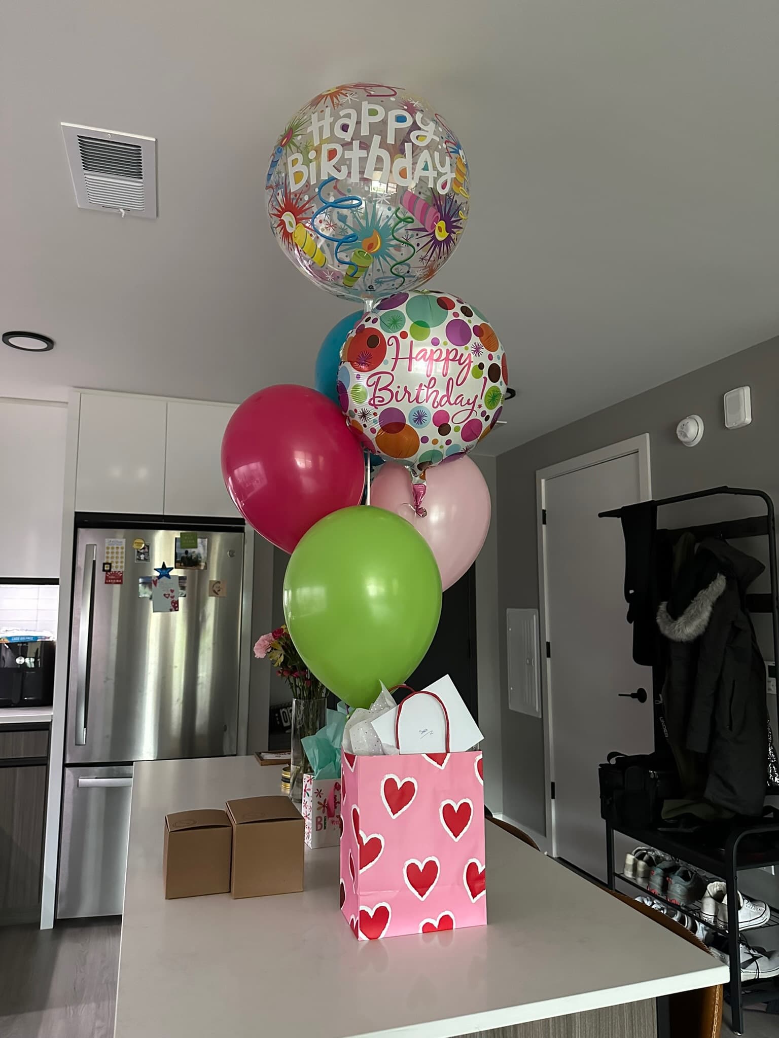 Happy birthday balloon bouquet with gift bag