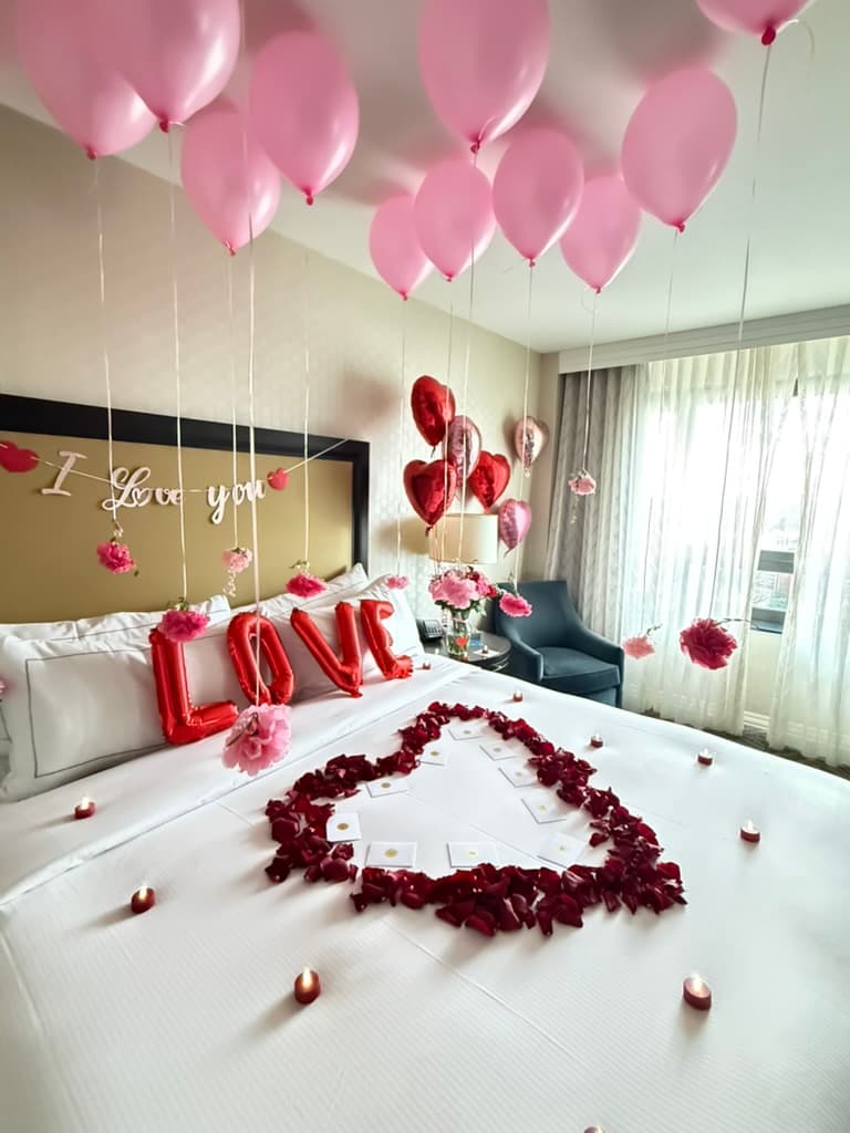 Multi-toned heart garland and rose petal bed
